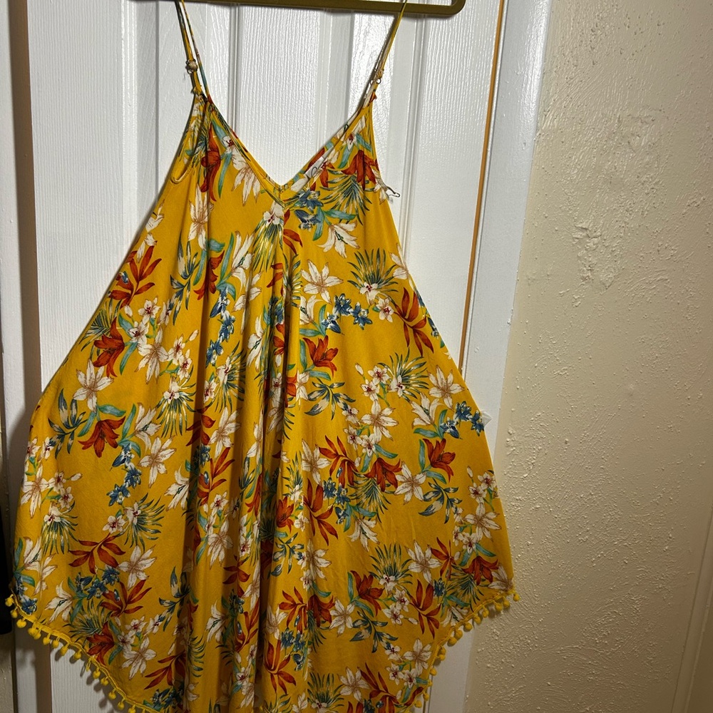 Goa Beachwear Japna Sz Large Tropical Floral Cover Up Dress Pom Pom Hem Yellow - Picture 3 of 12